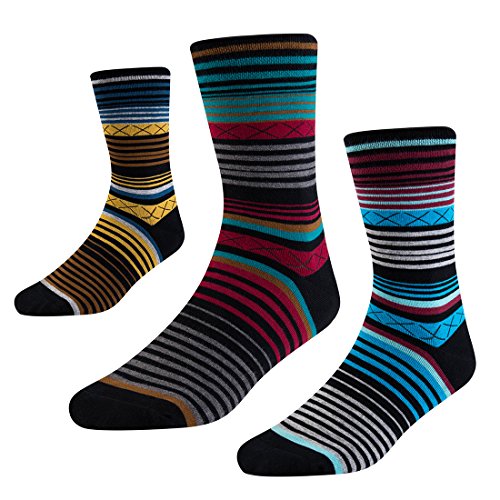 SEESILY Mens Dress Socks-Striped Crew Socks with Funky Colorful Patterned-Novelty Socks with Comfort Combed Cotton US Size 8-12 3 Pack (1)