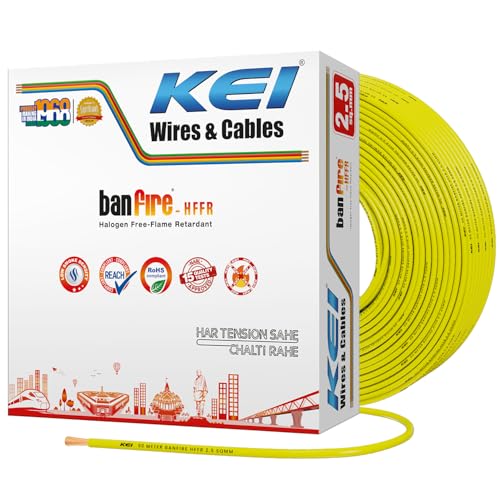 Image of KEI BANFIRE- HFFR 2.5 sqmm 1 Core 99.97% Pure Copper Conductor Heat Resistant Flame Retardant Low Smoke & Halogen - Lead Less House Wire for Domestic & Industrial Electrical Wiring (Yellow,90 Meters)
