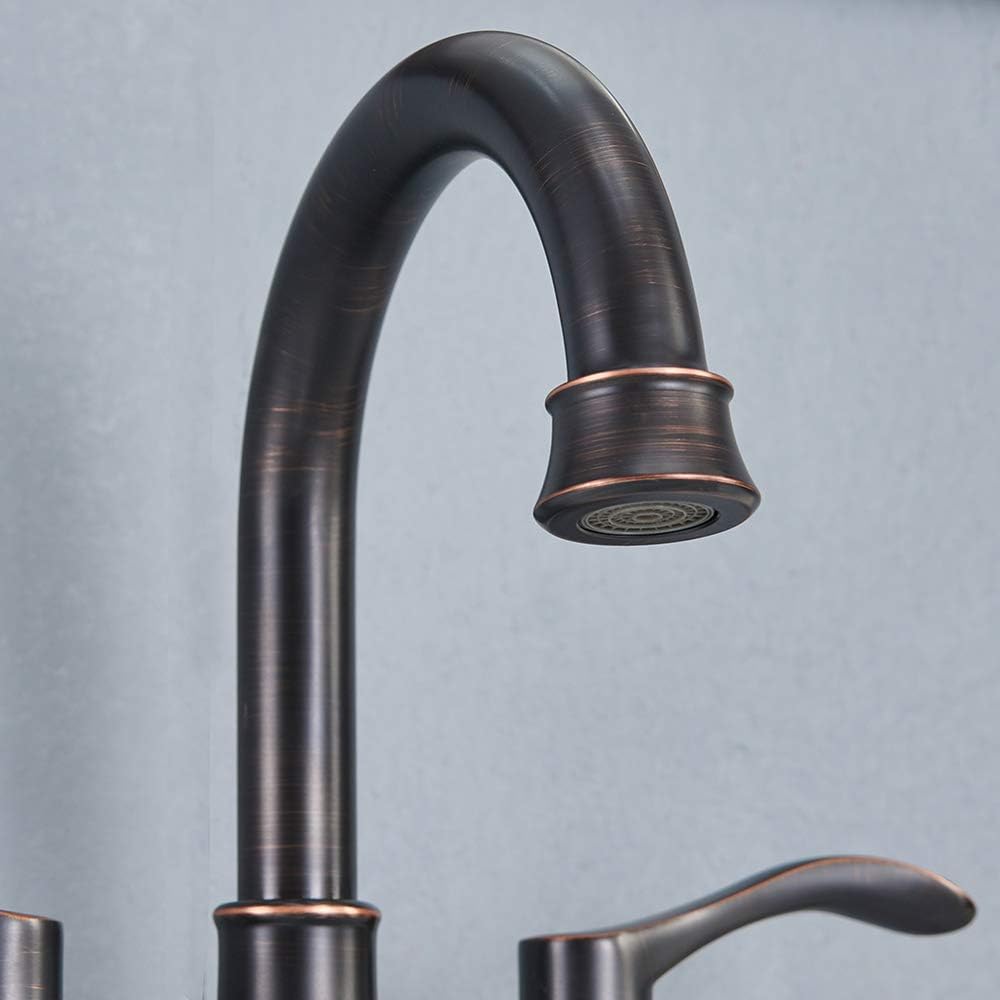 Lead-Free Antique 2 Handle Oil Rubbed Bronze Bathroom Sink Faucet, 360° Swivel High-Arc Spout 4-Inch Centerset Lavatory Vanity Faucets Set with Drain & Water Hoses, VABM10003H - Image 4