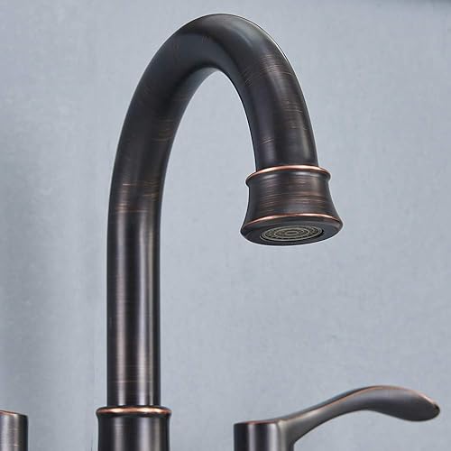 Vista 4 de VABM10003H - Grifo de lavabo de baño de bronce aceitado antiguo de 2 manijas sin plomo, boquilla giratoria de arco alto de 360°, juego de grifos