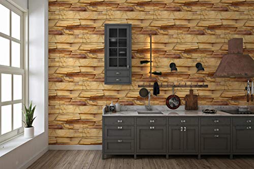 Image of DWELLSINDIA Vintage Bricks Self Adhesive Peel and Stick PVC Wallpaper Waterproof, Scratch Resistant, Laminated (41CM X 244CM, Mustard & Brown, Matt Finish)