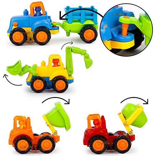 Image of Zest 4 Toyz Unbreakable Automobile Car Pack of 4 Friction Powered Cars Construction Push and Go Car Tractor Bulldozer Cement Mixer Truck Dumper for 1 2 3 Year Old Boy Girl Baby Kids