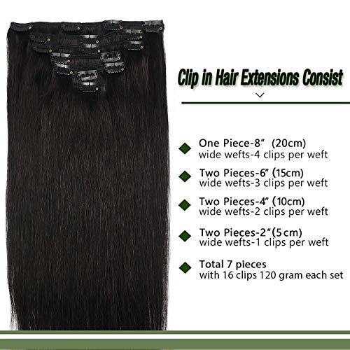 Goo Goo Real Human Hair Extensions, Natural Black, Thick, Straight, Soft & Natural, Remy Clip-In Hair Extensions For Women, 7Pcs 120G 20 Inch #1B #TOP3