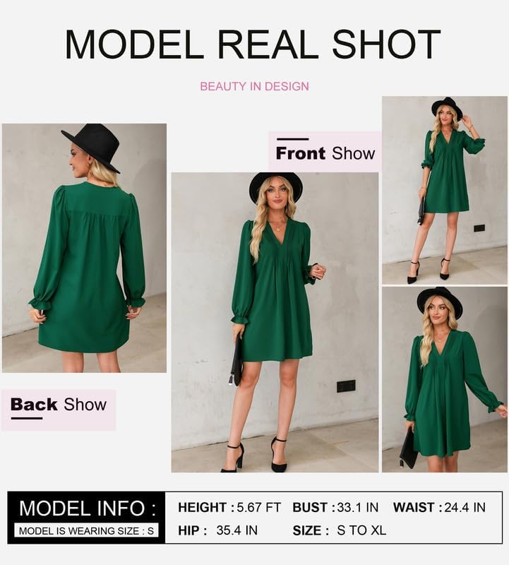 Dokotoo Womens Casual Dress A-Line Ruffle Sleeve V Neck Midi Dress 2025 Fashion Pleated Flowy Sundress Loose Shirt Dresses - Image 5