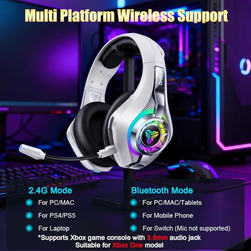 Image of Ordtop 2.4GHz Wireless Gaming Headsets for PS5 /PS4 /Switch, 2026 RGB Noise Cancelling Over-Ear Headphones with 7.1 Surround Sound, 40mm Drivers, 276g Ultraligero, Memory Foam, 45H Gaming Headphones