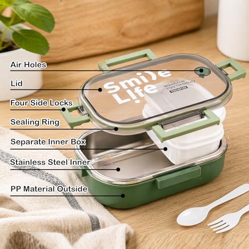 Image of WISHKEY Stainless Steel Lunch Box with Plastic Condiment Box for Kids & Adults, Leak Proof Air Tight Food Storage Container With Vent Hole, Tiffin Box Set for School & Office, 710 ml(Pack of 1, Green)