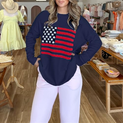 Image of Womens American Flag Sweater Long Sleeve Crew Neck Star Graphic Knit Pullover Tops Casual Loose USA Sweater