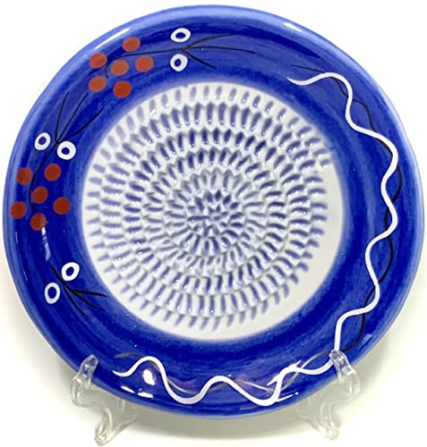 Image of BonCera, All-in-one 4pcs Premium Ceramic Garlic Grater Set - HandMade, Blue Stoneware Design Grater Plate Garlic Peeler, Gathering Brush, Display Stand, It's also grating Turmeric, Ginger, and more.