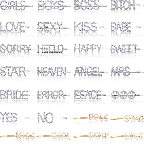 28 Pieces Word Letter Hair Clips Glitter Wedding Crystal Rhinestones Hair Barrettes Love Star Boys Girls Kiss Happy Sweet Yes No Heaven Error Bride Babe Hairpins for Girls (Chic Style)