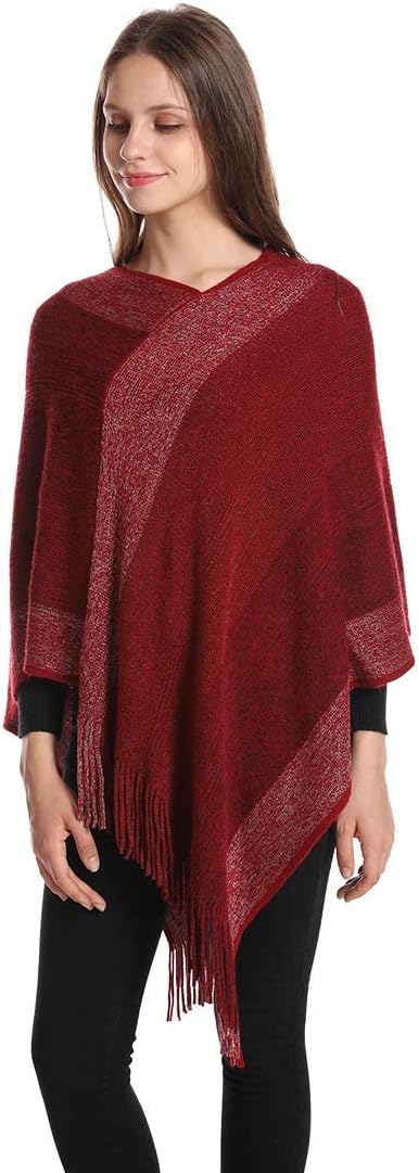 Women's Elegant Knitted Shawl Poncho with Fringed V-Neck Striped Sweater Pullover Cape Gifts for Women Mom - Image 5