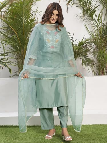 Sanisa Women's Silk Blend Sequence Embroidery Work Straight Kurta With Pant And Dupatta Set (169Kbd1811N-S_Light Pista Green)