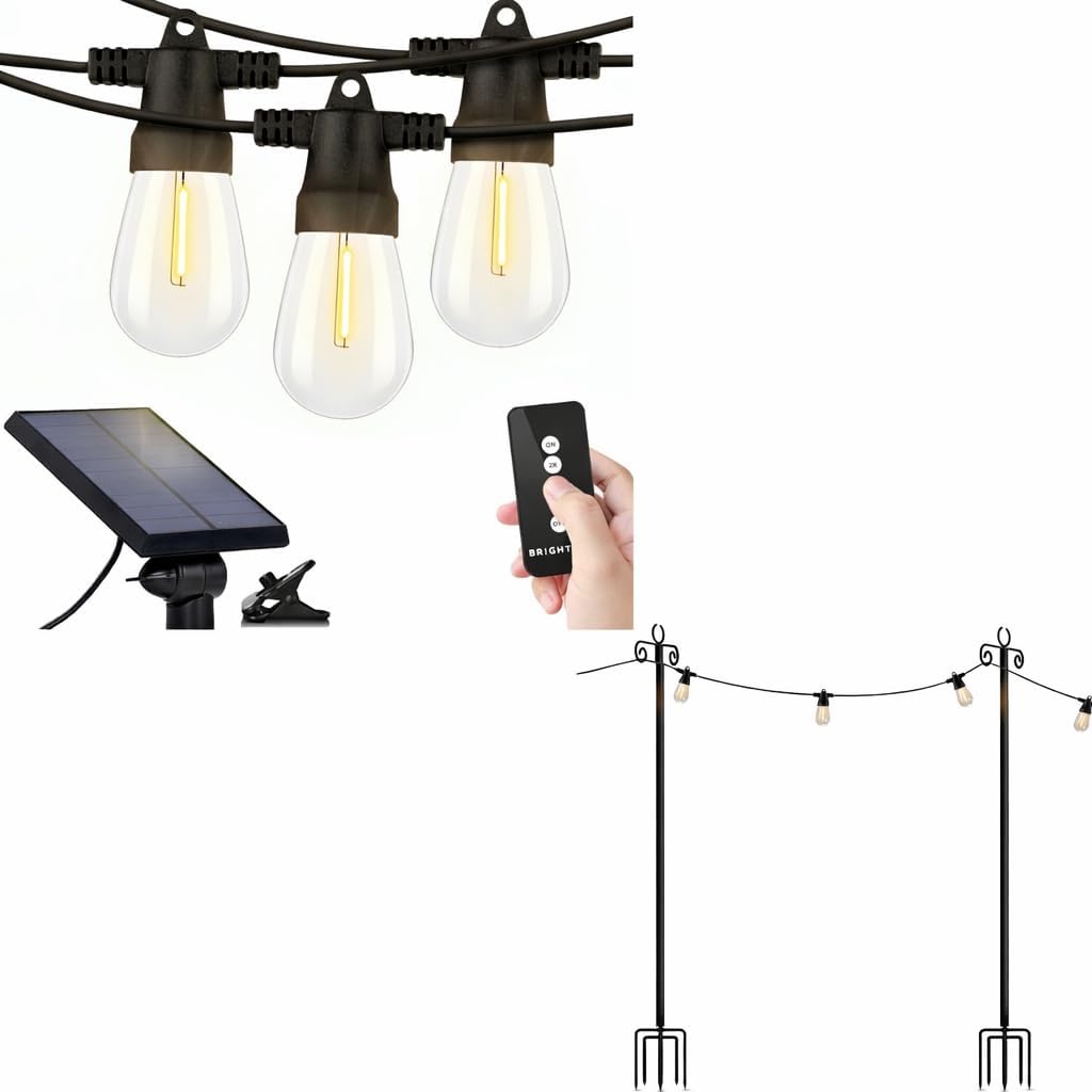 Brightech Bundle Ambience Pro Solar Powered Outdoor String Lights, 48ft + 2-Pack 10FT String Light Poles