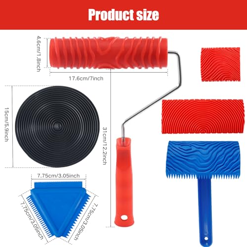 LZVXTYM 6Pcs Wood Graining Painting Tool Set, Silicone Wood Grain Roller Tool, Empaistic Wood Texture Pattern Roller with Handle for Wall Floor Furniture DIY Room Decoration Fence
