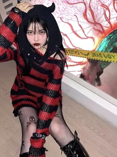 Image of Goth Y2K Striped Sweater Grunge Ripped Punk Gothic Sweaters for Women