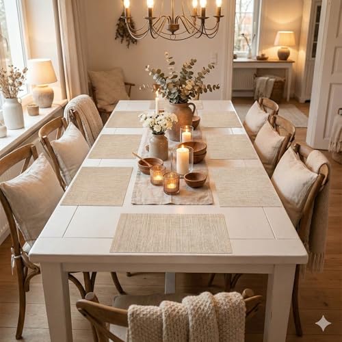 Image of YELONA Placemats for Dining Table - Heat Resistant, Non-Slip & Washable PVC Vinyl Table Mats - Set of 6, 45 x 30 cm (Beige & White)