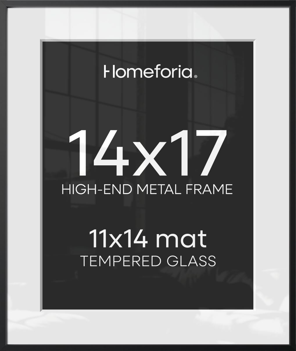 Homeforia 14x17 Black Picture Frame, High-End Metal, 11x14 Mat, Glass