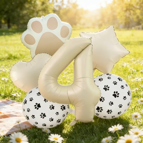 Image of 4th Birthday Dog Paw Balloons Set,18'' Paw Prints, Heart,Star,Paw Shaped Foil Balloon 40 Inch Cream Number 4 Helium balloons for Puppy Themed Third Anniversary Birthday Party Decorations Supplies 6PCS