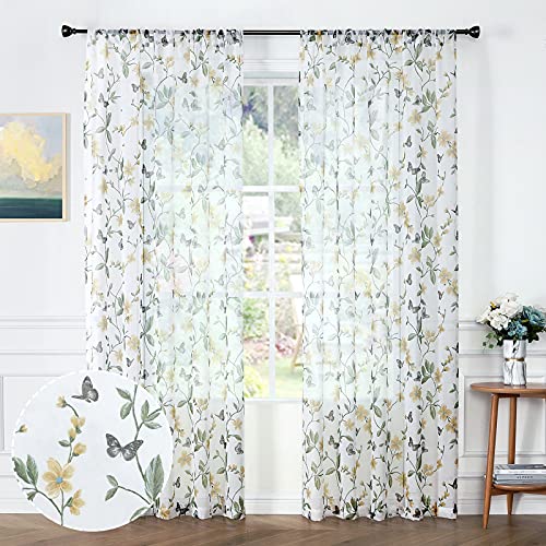 Image of Tollpiz Sheer Floral Curtains Yellow Flower Butterfly Printed Bedroom Curtain Rod Pocket Voile Faux Linen Short Window Curtains for Living Room, 54 x 45 inches Long, Set of 2 Panels