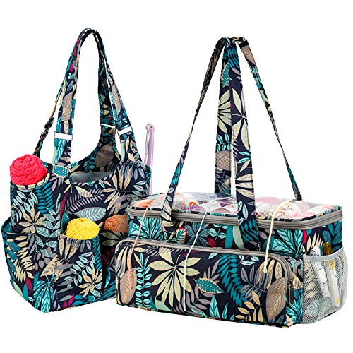 Coopay Sac de Rangement pour Fil à Tricoter,2 Pièces Grand et Petit Organisateur de Sac Fourre-Tout en Fil Imperméable pour Pelotes de Laine,Crochets Tricot et Aiguilles à Tricoter - Forêt Bleu