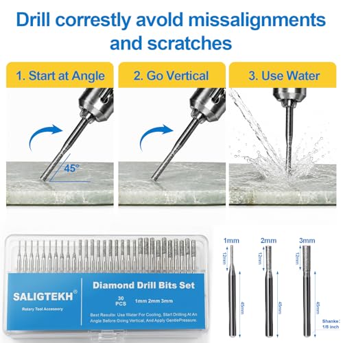Image of 30Pcs Diamond Drill Bits Set, 1mm 2mm 3mm Sizes 1 /8 inch Shank for Dremel & Rotary Tools - Jewelry Making, Gemstone, Sea Glass and Lapidary Drill Bits Kit