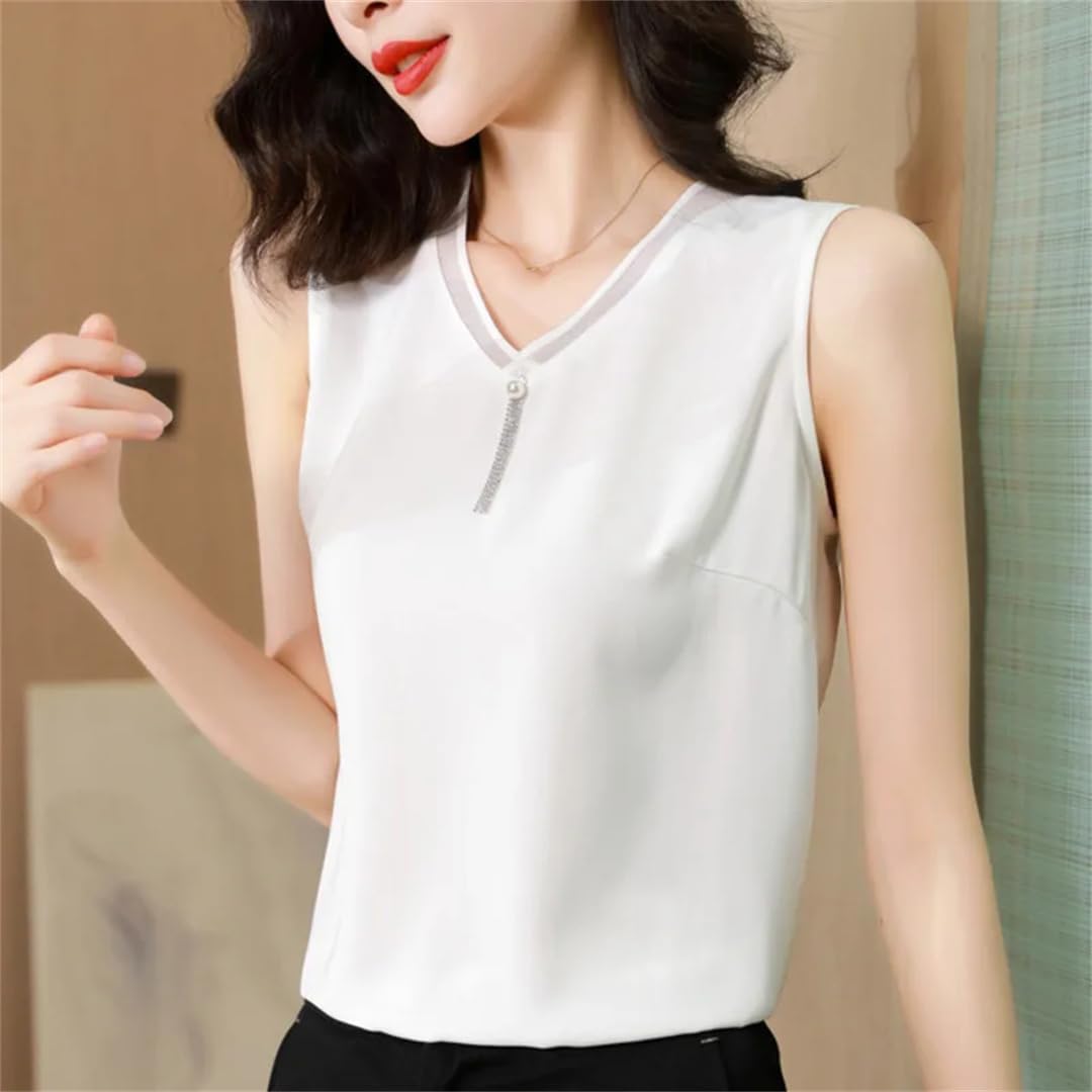 Top estivo da donna con scollo a V in chiffon senza maniche