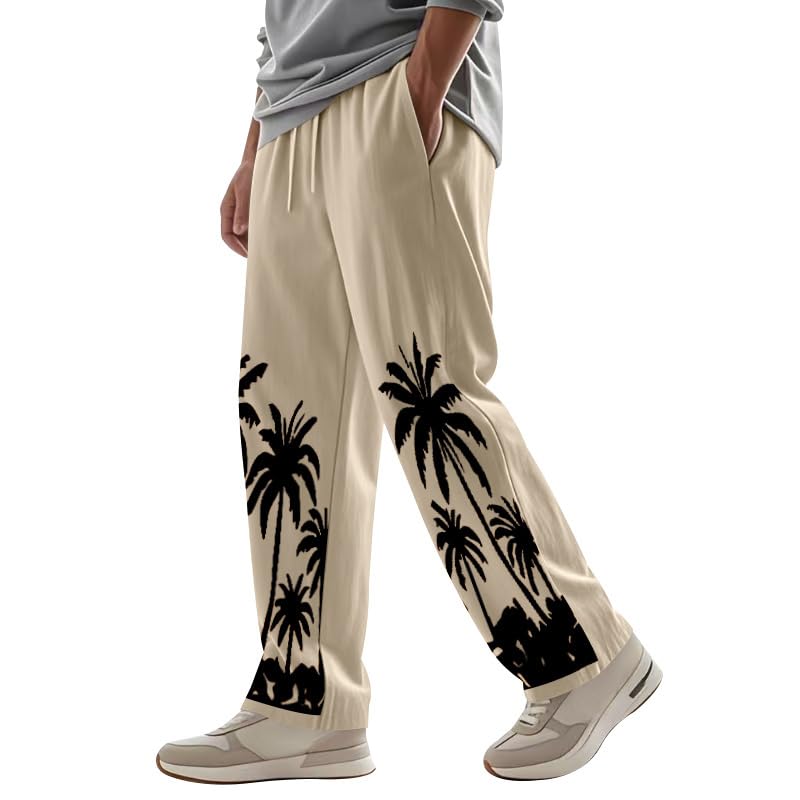 Men's Linen Cotton Pants Loose Fit Coconut Tree Printed Casual Pants Lightweight Elastic Waist Beach Trousers