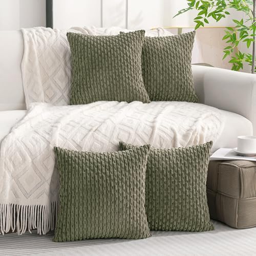 Set of 4 Olive Green Decorative Throw Pillow Covers 18x18 Inch Corduroy Pillow Covers for Bed Couch Sofa Living Room Soft Square Cushion Cases