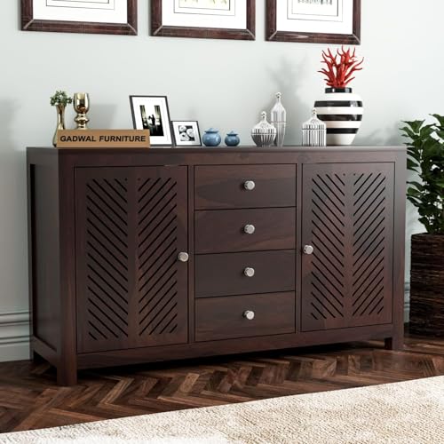 Image of Solid Sheesham Wood Wooden Chest of Drawers for Storage Sideboard Cabinet with 4 Drawers and 4 Shelf Storage for Living Room & Bedroom (Roger, Walnut Finish)