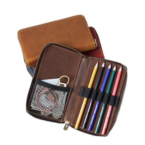 Image of Genuine Leather 5-Slot Pencil Case, Portable Travel Pen Organizer | Versatile organizer for art supplies, office essentials, makeup brushes, suitable for men, women, students, artists.coffee