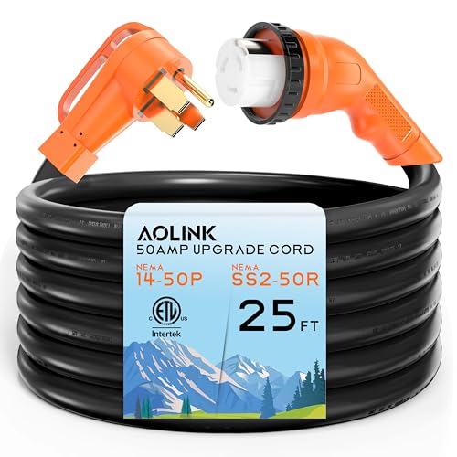 Image of 50 Amp 25 Feet RV /Generator Cord with 135 Designed Handle and Twist Locking Connector, Heavy Duty 6 /3+8 /1 Gauge STW Wire, 14-50P Male and SS2-50R Female for RV Camper and Generator to House