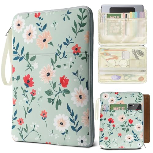 QRZIQRZ Book Sleeve with Zipper, Cute Floral Print Book Pouch, Waterproof PU Leather Book Protector Case, 12.6