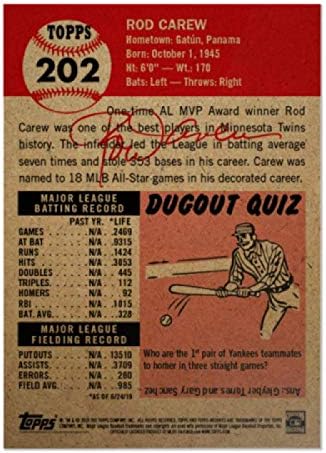 2019 Topps The MLB Living Set Baseball #202 Rod Carew Minnesota Twins Official Baseball Trading Card with Facsimile Red Autograph on Back