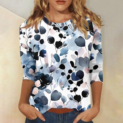 HTHLVMD Womens 3/4 Length Sleeve Tops 2025 Fall Fashion Floral Print Crewneck Causal Trendy Tunic Tops for Women