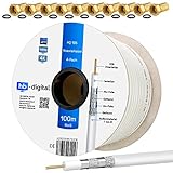 HB-DIGITAL 100m Koaxialkabel HQ-135 Antennenkabel 135dB SAT Kabel 8K 4K UHD 4-Fach geschirmt für DVB-S / S2 DVB-C / C2 DVB-T / T2 DAB+ Radio BK Anlagen + 10 F-Stecker GRATIS