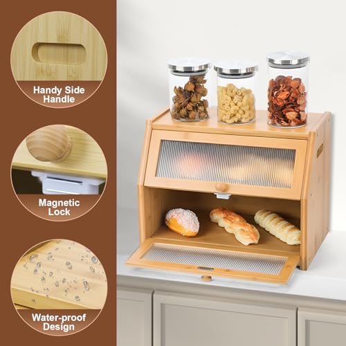 Large Bread Box for Kitchen Countertop, Wooden Bread Bin with Double Layer Storage and 0.6-inch Thick Natural Wood Panels, Rustic Bread Box Organizer for Kitchen (Natural Wood)