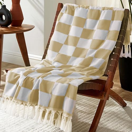 Manta bohemia a cuadros beige de diseño rustico frances y acabados primitivos 2