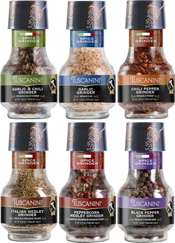 Tuscanini Premium Spice Grinder Variety Pack, 6 Pack | Freshly Ground Seasonings | Product of Italy | Black Pepper, Peppercorn, Italian Medley, Chili Flakes, Garlic Flakes, and Chili & Garlic Blend