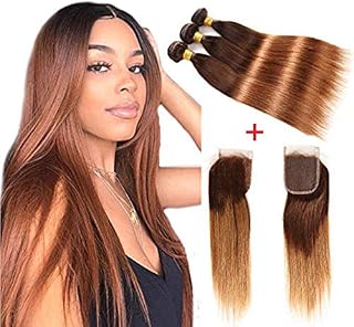Fastest Shipping Ombre Brazilian Virgin Hair Straight Hair Bundles with Closure (12''14''16''+12''Closure) 2