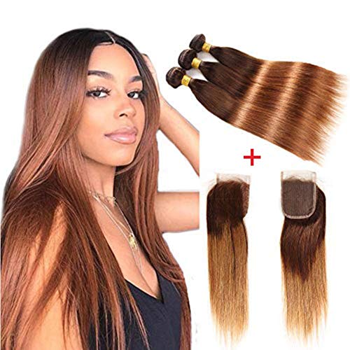 Fastest Shipping Ombre Brazilian Virgin Hair Straight Hair Bundles with Closure (12''14''16''+12''Closure) 2