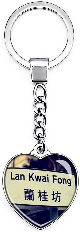 Hqiyaols Keychain China Lan Kwai Fong Hong Kong Keychain Creative Double Sided Heart-shaped Crystal Key Chain Travel Souvenir Metal