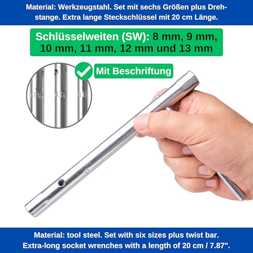 Rohrsteckschlüssel Set mit Drehstange, SW 12 X 13, 10 X 11, 8 X 9, Montage Satz aus Werkzeugstahl, Steckschlüssel Kit für Sechskant Muttern, nahtlose Doppelsteckschlüssel mit Hohlschaft, Rohrschlüssel