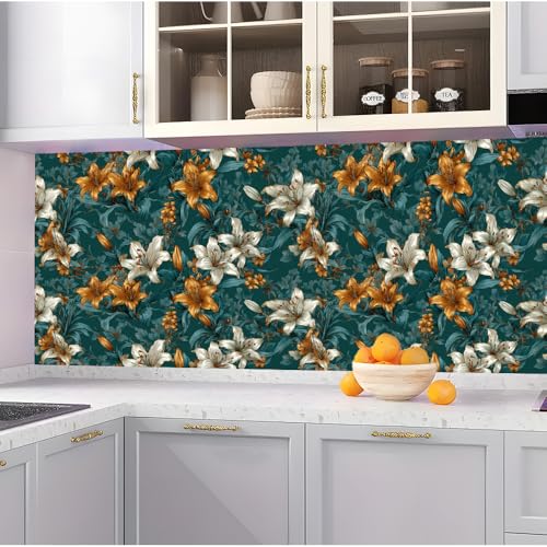 Image of Spring Summer Lily Wall Decals, Vintage Oil Painting Floral Peel and Stick Wallpaper for Home Refresh, Dark Green Botanical Mural for Spring Cleaning Decor, Mother's Day, 39.37x15.75 Inch