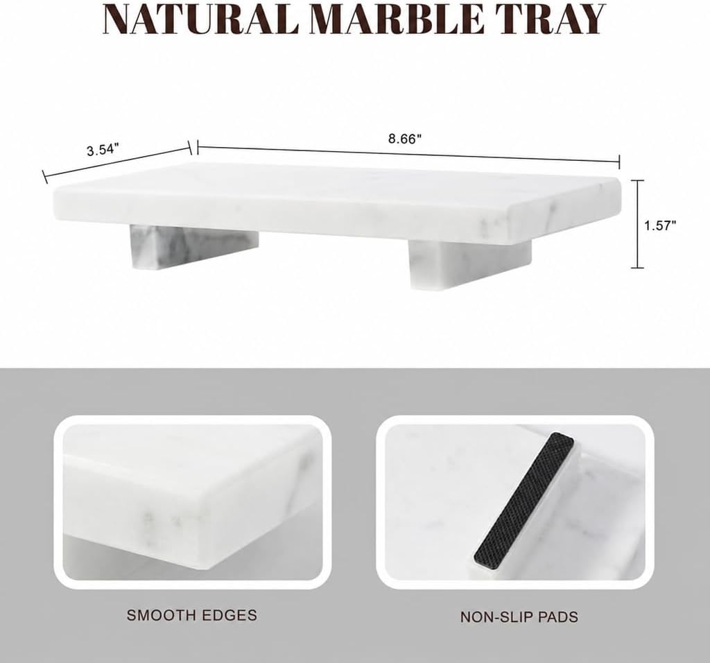 Natural Marble Tray Pedestal Stand, 8.7"x3.5" Bathroom Counter Stone Trays