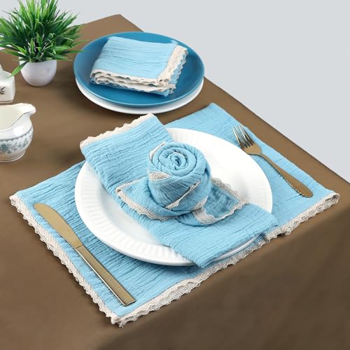 Image of FINGERCRAFT Cloth Napkins Set of 8, 20x20 Inch, Soft Cotton Muslin Dinner Napkins with Lace Edge, Reusable Washable Table Napkins for Wedding, Party, Dining & Home Decor (Aqua Marine)