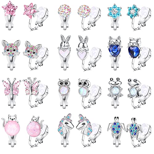 Fansilver Clip on Earrings for Women Girls Hypoallergenic Flower Rainbow Butterfly Turtle Star Heart CZ Clip Earrings Set for Little Girls Silver Non-Pierced Earrings Pack for Teens Girls 12 Pairs