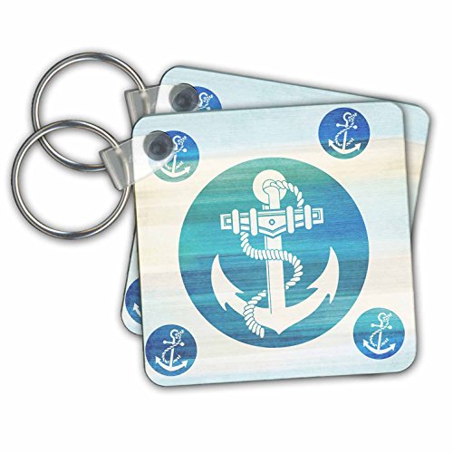 Anchor in aqua circles nautical beach theme art - Key Chains, 2.25 x 2.25 inches, set of 2 (kc_152106_1)
