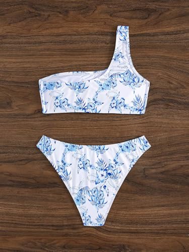 Image of YIMISAN Women's Ribbed Bikini Sets One Shoulder Top with Mid Waist Two Piece Bathing Suit