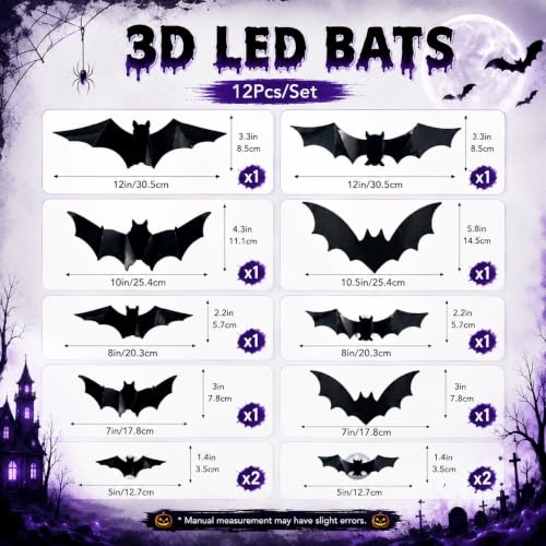 Halloween Bats Wall Decor- 12 Pack 3D Glowing Bat Stickers, Horror Decor with Flickering Bats Stickers for Window, Bedroom, Fireplace Mantel, Haunted House Prop, Removable & Damage-Free Wall Clings - image 2