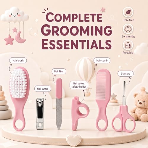 Image of StarAndDaisy baby grooming / care kit for new born baby , baby comb hair for new born Hair Brush, Comb,Baby Nail Scissor,Baby Nail Cutter,nail cutter safety holder, Nail Filer for Infants & Toddler (Care Kit-Pink)