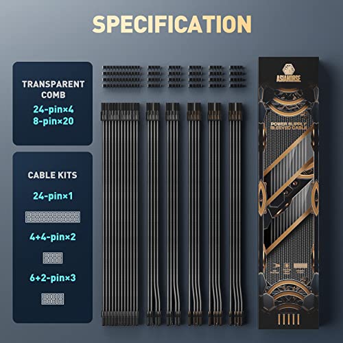 AsiaHorse Kit de extensão de cabo PSU, 24 pinos/4 + 4 EPS/6+2 PCI-E 16 AWG, kit de cabos com conecto